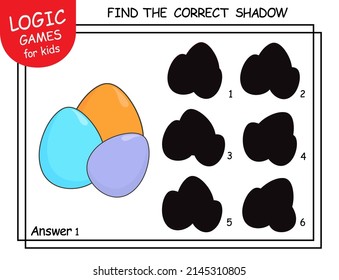 Find the correct shadow Eggs. Cute cartoon Easter Eggs. Shadow matching game for children. Logic Game for Kids. Education card or worksheet for school children. Task with answer. Happy Easter.