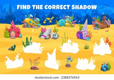 Find the correct shadow of fairytale underwater house buildings kids game worksheet. Shadow matching vector quiz puzzle with cartoon submarine, ship, seashell, ruins and coral houses on sea bottom