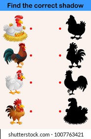 Find the correct shadow: farm animals (chicken and rooster)