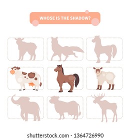Find the correct shadow. Farm animals. Kids educational game