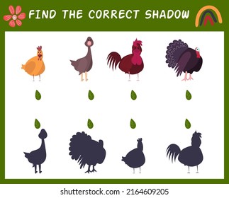 Find the correct shadow with farm birds. Matching game for kid with turkey, goose, chicken, rooster