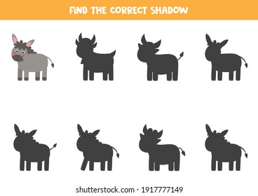 Find the correct shadow of farm donkey. Educational logical game for kids.