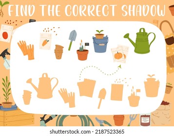 Find the correct shadow of farm and gardening tools. Kids game or puzzle vector worksheet of education activity with farm equipment. Matching riddle with cartoon garden plant, flower pot and seedlings