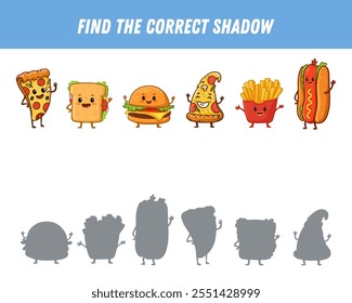 Find correct shadow of fast food characters. Educational logical game for kids. Cartoon funny food. Slice of pizza, burger, hot dog, pfrench fries, sandwich . Vector