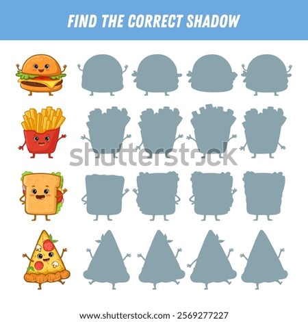 Find correct shadow of fast food characters. Educational logical game for kids. Cartoon funny food. Burger, pizza, french fries, sandwich. Vector