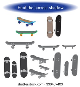  Find the correct shadow ( fingerboard  - small copy of skateboard  ) for children. Vector illustration.