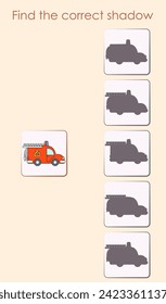 Find the correct shadow of fire truck. Vector illustration for activity book, children's entertainment.