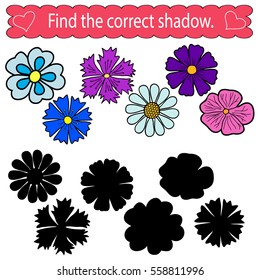 Find the correct shadow. Flowers.   Educational game for children. Color vector illustration.