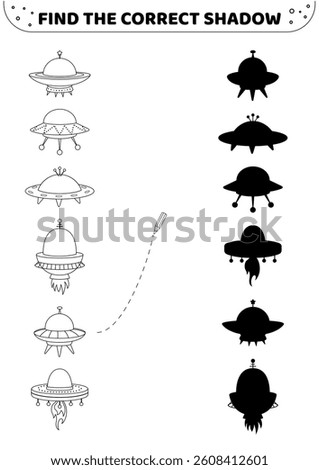 Find the correct shadow. Flying saucer. Black and white. Shadow matching game. Isolated vector illustration eps 10