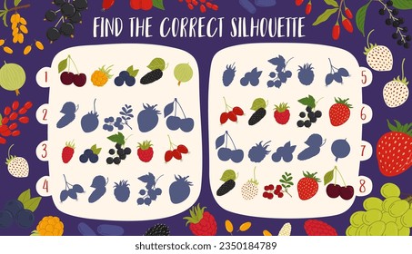 Encuentra la sombra correcta. Bayas maderas maduras para bosques y jardines. Hoja de trabajo de juegos vectoriales para niños con cerezo, mora, morera y arándano. Frambuesa, cadera, cerezo de aves con arándano