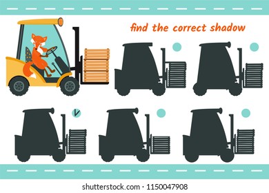 
Find the correct shadow. Fox in the cab of the forklift.  Learning children game.
