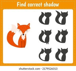 Find the correct shadow Fox. Educational matching game for kids. Logic Games for Kids.