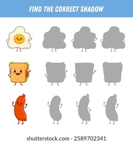 Find the correct shadow of the fried egg, sausage, sandwich. Educational logic game for children. Cute cartoon food characters. Vector illustration
