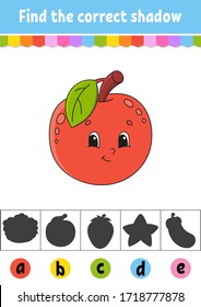 Find the correct shadow. Fruit apple. Education developing worksheet. Activity page. Color game for children. Isolated vector illustration. Cartoon character.