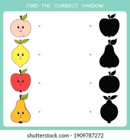 Find the correct shadow for fruit. Simple educational game for kids. Vector illustration