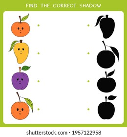 Find the correct shadow for fruit. Vector worksheet of simple educational game for kids