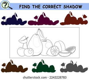 Find the correct shadow of fruits. Coloring book page with logical game for children. Vector illustration.