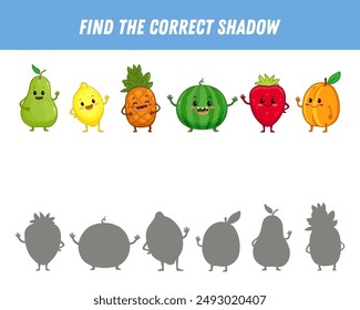 Find correct shadow of fruits. Educational logical game for kids. Cartoon funny fruit. Pear, strawberry, lemon, watermelon, apricot, pineapple. Vector
