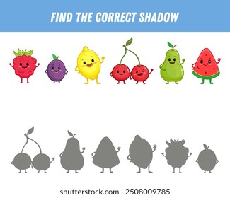 Encuentra la sombra correcta de las frutas. Juego de lógica educativa para niños. Dibujos animados de frutas divertidas. Pera, frambuesas, cereza, rodaja de sandía, limón, ciruela. Vector
