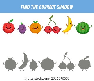 Encuentra la sombra correcta de las frutas. Juego de lógica educativa para niños. Dibujos animados de frutas divertidas. Manzana, plátano, cereza, sandía, naranja, ciruela. Ilustración vectorial