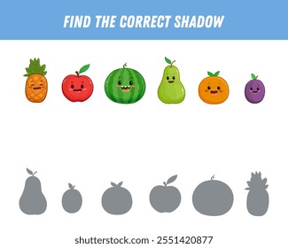 Encontre a sombra correta de frutas. Jogo lógico educacional para crianças. Desenhos animados com frutas engraçadas. Pera, maçã, melancia, ameixa, laranja, abacaxi. Vetor