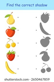 Find the correct shadow of the fruits. Vector illustration on a white background for children's entertainment, activity book, worksheet.