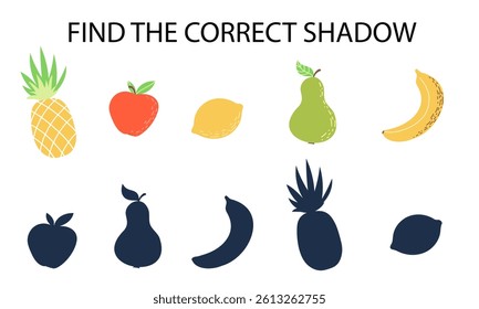 Find the correct shadow of fruits. Worksheet. Educational logical game for kids. Pineapple, apple, banana, pear, lemon. Vector illustrations
