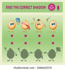Find the correct shadow. Funny cartoon eggs. A learning game for children. Cartoon vector illustration. Children's educational game collection.