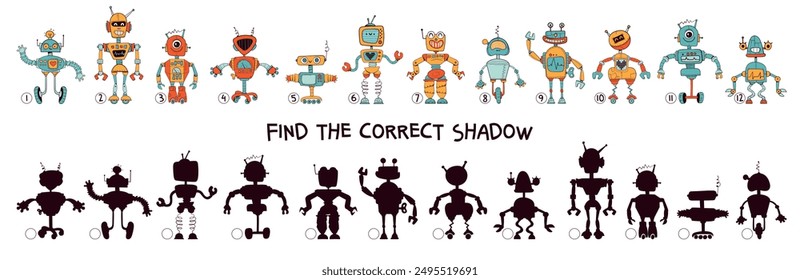 Find the correct shadow. Funny cartoon characters robots. Choose right silhouette. Educational game for kids. Attention task. Worksheet page. Activity book. Isolated vector illustration. Set