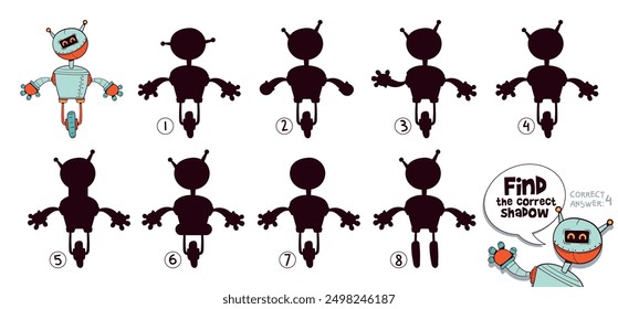 Find the correct shadow. Funny cartoon character retro robot. Choose right silhouette. Educational game for kids. Attention task. Worksheet page. Activity book. Isolated vector illustration. Set