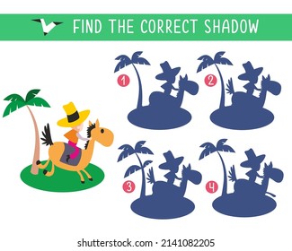 Find correct shadow. Funny cowboy rides horse. Game for children. Activity, vector illustration.