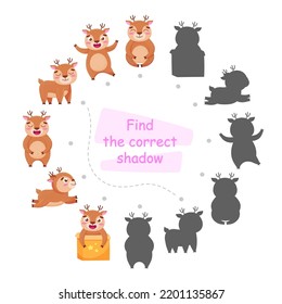 Find the correct shadow. Funny deer, vector illustration. Educational game for children. Collection of children's games in cartoon style