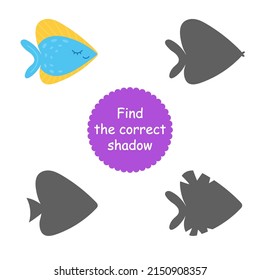 Find the correct shadow. Funny fish. Educational game for children. Collection of children's games. Vector illustration in cartoon style