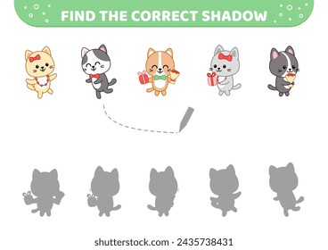 Encuentra la sombra correcta. Gatitos divertidos con regalos y flores. Juego de coincidencia de sombras. Caricatura. Ilustración aislada del vector eps 10