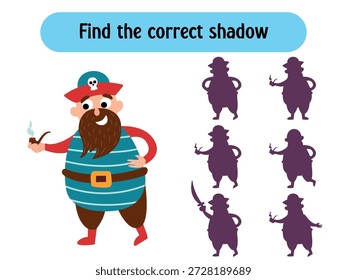 Encuentra la sombra correcta. Divertido pirata con una pipa. Juego de puzzle para niños