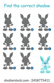 Find the correct shadow of the funny rabbit. Logic game. Worksheet for children's activity book. Cartoon vector illustration.