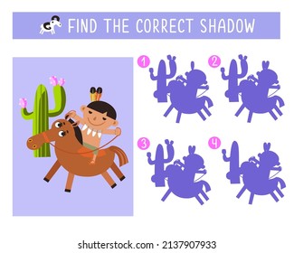 Find correct shadow. Funny Red Indian boy rides horse. Game for children. Activity, vector illustration.