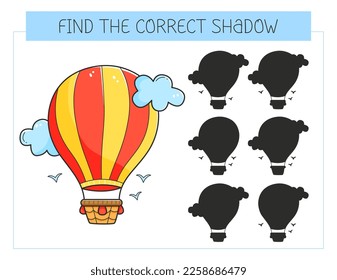 Find the correct shadow game with an airship. Educational game for children. Cute cartoon airship. Shadow matching game. Vector illustration.