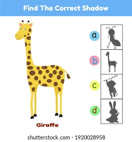 Find The Correct Shadow Game Animal Giraffe Cartoon Illustration Vector