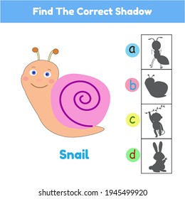 Find The Correct Shadow Game Animal Snail Cartoon Illustration Vector