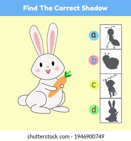 Find The Correct Shadow Game Animal Rabbit Cartoon Illustration Vector.