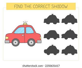 Find the correct shadow game with a car. Educational game for children. Cute cartoon car. Shadow matching game. Vector illustration.