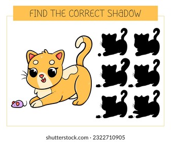 Find the correct shadow game with cat. Educational game for children. Cute cartoon cat. Shadow matching game. Vector illustration.