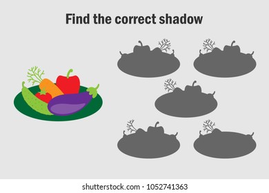 Find the correct shadow, game for children, vegetables in cartoon style, education game for kids, preschool worksheet activity, task for the development of logical thinking, vector illustration