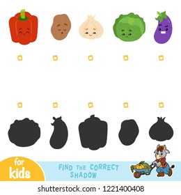 Find the correct shadow, game for children. Set of vegetables with funny faces