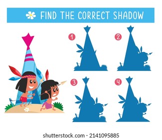 Find correct shadow. Game for children. Activity, vector illustration. Funny red Indian boys near wigwam.