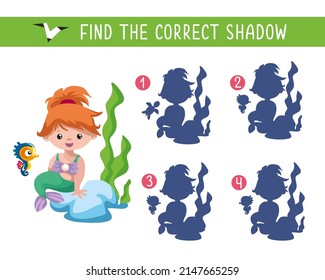 Find correct shadow. Game for children. Activity, vector illustration. Mermaid with seahorse underwater.