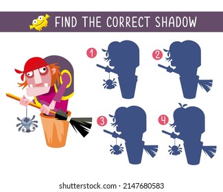 Find correct shadow. Game for children. Activity, vector illustration. Old witch on broom.