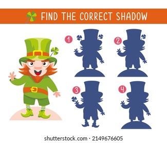 Find correct shadow. Game for children. Activity, vector illustration. Leprechaun in hat with shamrock.