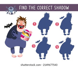 Buscar sombra correcta. Juego para niños. Actividad, ilustración vectorial. Fairy gigante con el pecho de oro.